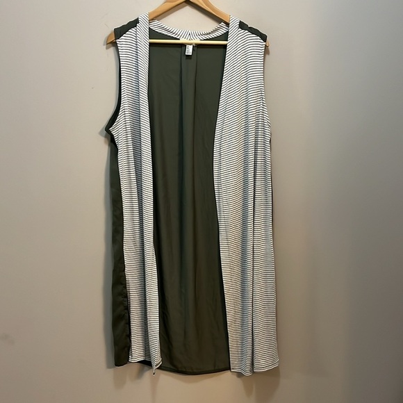Halston Long Cardigan Sleeveless Open Front Knit Stripe & Green Duster Women L - Picture 11 of 11